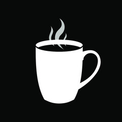 A mug of hot tea or coffee on a black background. White cup icon in flat design style. Vector.