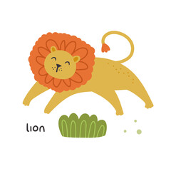 Wild animal childish illustration. Lion jumping, hunting, running. Vector design for children. Isolated on white background.