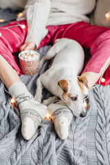 Young woman and her adorable dog sitting on knitted cozy blanket