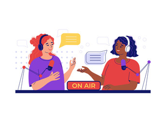 Fototapeta premium Female host interviewing woman on radio station. Concept of podcast in studio. People recording audio, online show. Women in headphones talking on live streaming, broadcast. Flat vector illustration 