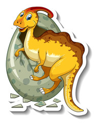 Parasaurolophus dinosaur hatching from an egg cartoon character sticker