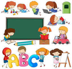 Set of different doodle kids cartoon character isolated