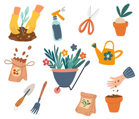 Gardening tools. Garden elements collection. Trolley, shovels, sprouts, seeds, watering can, scissors. Horticulture concept. Design elements for print, packaging or stickers. Vector illustration.