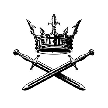 Illustration of king crown and crossed swords in monochrome style. Design element for logo, emblem, sign, poster, t shirt. Vector illustration