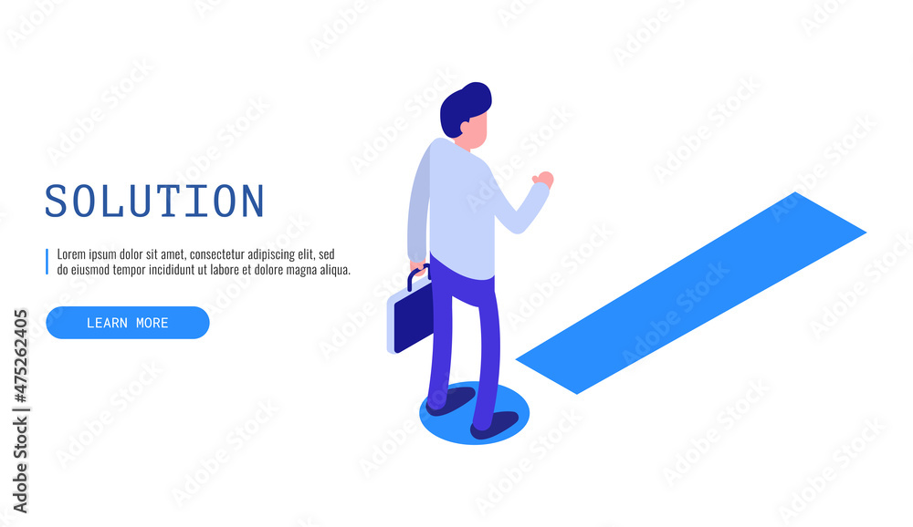 Aufkleber solution concept. man stands in front of an mark. isometric vector web banner.