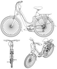 Set with the contours of the detailed bike from black lines, Isolated on white background. Front, side, isometric view. Vector illustration