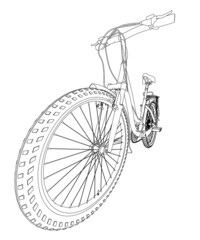 Black detailed bicycle outline isolated on white background. Perspective view. 3D. Vector illustration