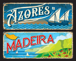 Fototapeta premium Azores and Madeira islands portuguese province plates and travel stickers, vector. Tin signs with districts of Portugal or metal plates with city tagline, flags and sea travel or tourism landmarks