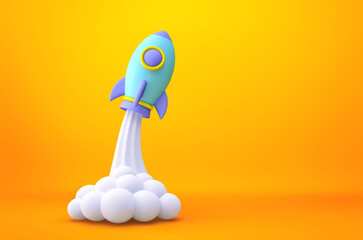 Cartoon rocket launch on yellow background. Clipping path included
