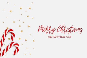 Christmas simple lite background with realistic red and white cane candy forming a heart and golden stars. Xmas holiday cover poster. Top view flat lay. Vector illustration.