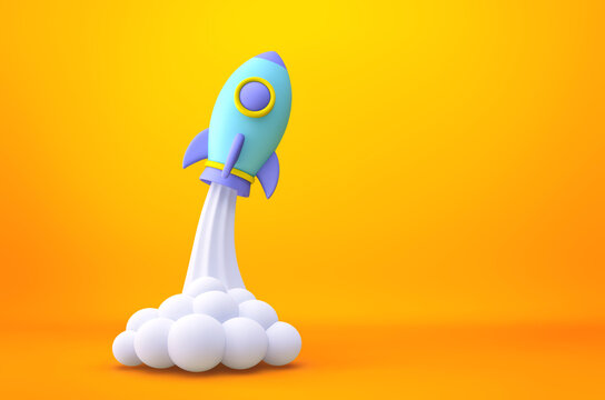 Cartoon rocket launch on yellow background. Clipping path included