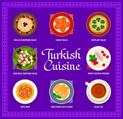 Turkish cuisine menu and Turkey dishes or restaurant meals of desserts and chicken, vector. Turkish food dishes menu with carrot balls and sweet pudding, black tea and vegetable shepherd salad