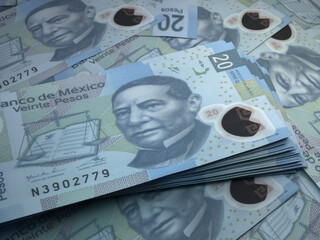 Fototapeta premium Mexican money. Mexican peso banknotes. 20 MXN pesos bills.