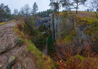 Fototapeta premium View on Fondry des Chiens sinkhole in Nismes, Wallonia, Belgium.