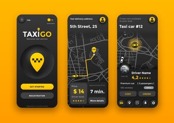 Neumorphic taxi online mobile order application interface. Ui application screens of cab booking, map navigation. Vector neumorphism app design for car service with city location, route, price widgets - obrazy, fototapety, plakaty