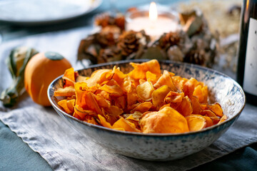 Beautiful autumnal table prepared for Thanksgiving 