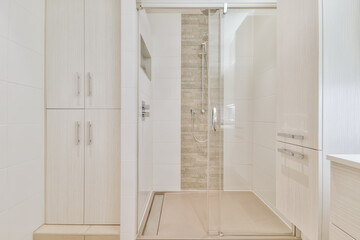 Large shower cubicle with glass railing in a luxurious bathroom