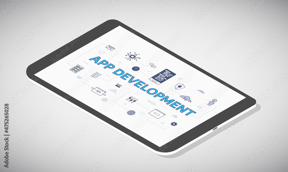 Poster mobile app development concept on tablet screen with isometric 3d style