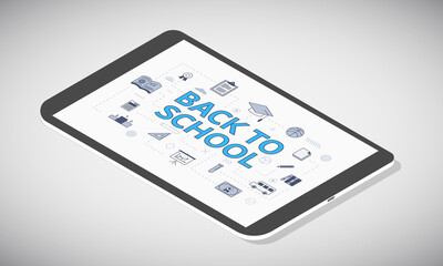 back to school concept on tablet screen with isometric 3d style