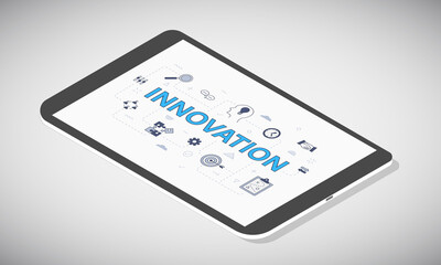 business innovation concept on tablet screen with isometric 3d style