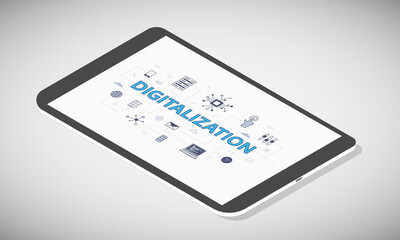 digitalization technology concept on tablet screen with isometric 3d style