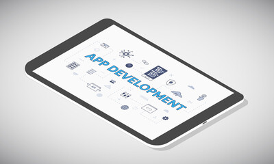 mobile app development concept on tablet screen with isometric 3d style