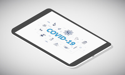 covid coronavirus concept on tablet screen with isometric 3d style