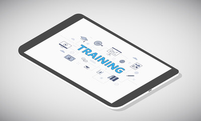 business training concept on tablet screen with isometric 3d style