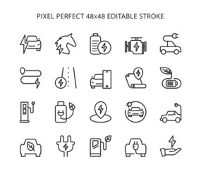 Simple set of electro car related vector line icons. Flat, digital icon set for web and mobile. Pixel Perfect 48x48 Editable Stroke.