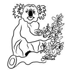 Cute hand drawn koala. Little funny rainforest animal. Australian bear sitting on tropical tree. line sketch. Vector illustration doodle animal. Isolated on white.
