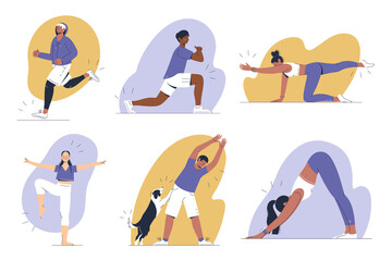 Set of Illustrations of a young women amd men doing stretching excercise, workout, fitness concept