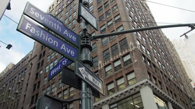 West 35th Street Intersection With Seventh Avenue And Fashion Avenue In Daytime New York City.