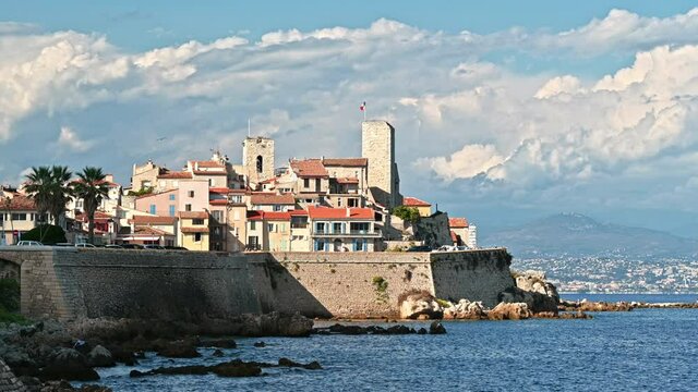 Mediterranean sea coast of Antibes, France. Ancient walls and buildings on the coast