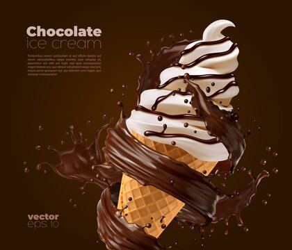 Chocolate soft serve ice cream with choco splash and swirls. Vector poster with realistic icecream in waffle cone and splashing brown sauce. Sweet creamy dessert, dairy frozen sweety food