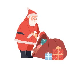 Santa Claus preparing Christmas gift boxes, putting presents into red bag. Bearded character packing Xmas sack for winter holidays and New Year. Flat vector illustration isolated on white background