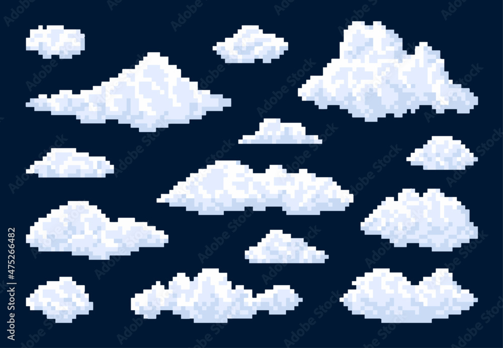 Poster white isolated fluffy bubble pixel clouds in blue sky, vector 8bit pixel art game icons. cartoon 8 b