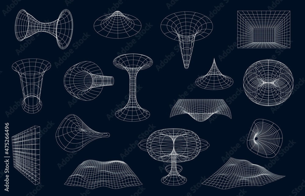 Aufkleber 3d Wireframe geometric shapes, surface grid and sphere ball, torus and net, cyber globe. Vector science figures, objects, fractals and graphic forms circles. Waves, wire structures and constructions