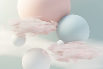3d render of pastel ball, soaps bubbles, blobs that floating on the air with fluffy clouds and ocean. Romance land of dream scene. Natural abstract dreamy sky.