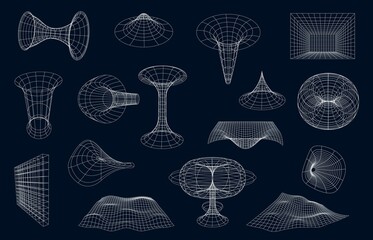 3d Wireframe geometric shapes, surface grid and sphere ball, torus and net, cyber globe. Vector science figures, objects, fractals and graphic forms circles. Waves, wire structures and constructions