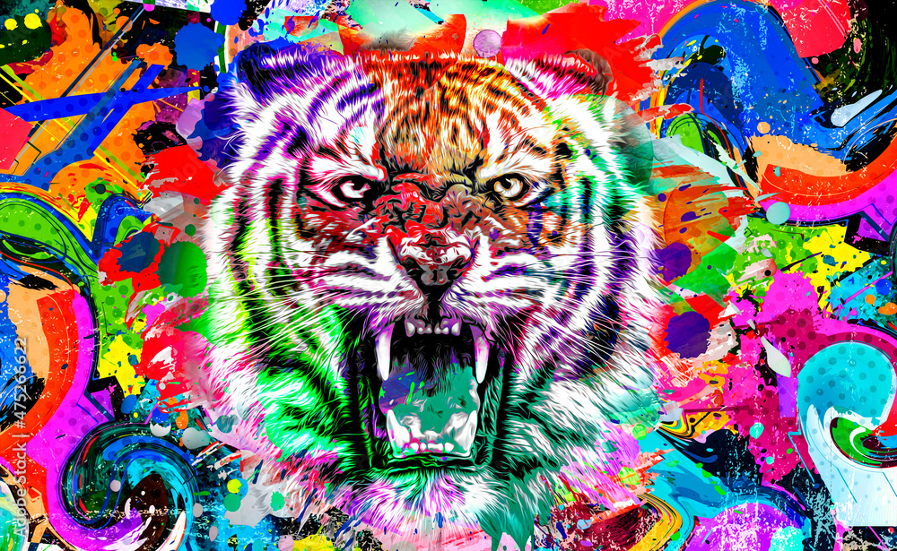 Wall mural tiger head with creative colorful abstract elements