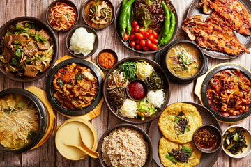 Korean traditional food, stew, bibimbap, traditional alcohol