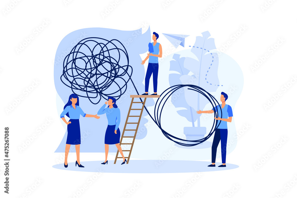 Poster tangle tangled and unraveled. abstract metaphor, business problem solving concept flat modern design