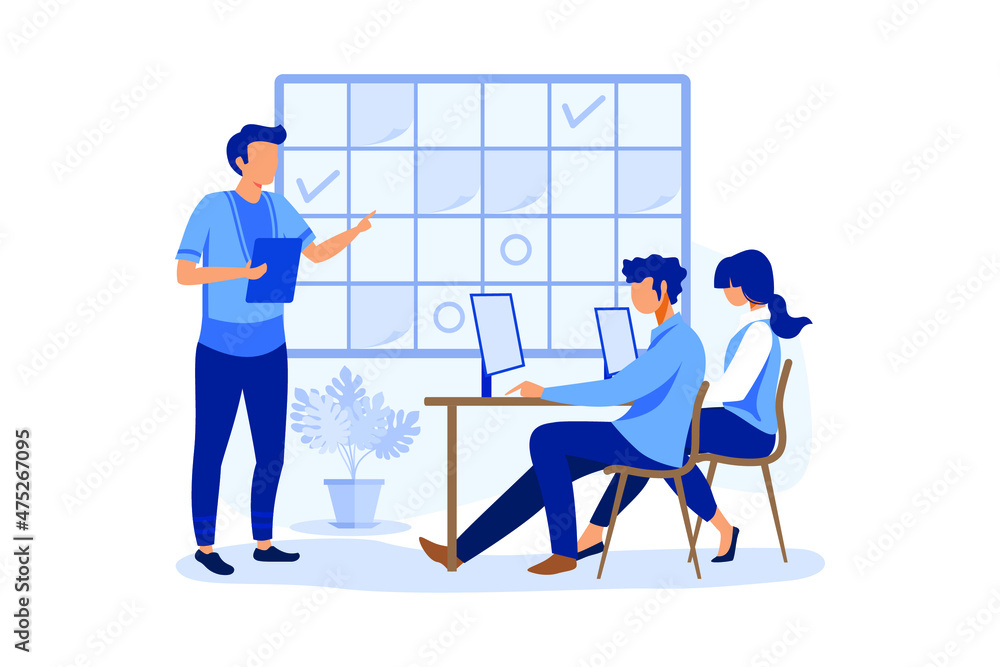 Poster fill in the calendar table, mark important dates and tasks, team thinking and brainstorming, analyti