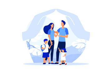 happy prosperous family in flowers, mother father daughter son cuddling together near family protection vector Family conflict flat modern design illustration