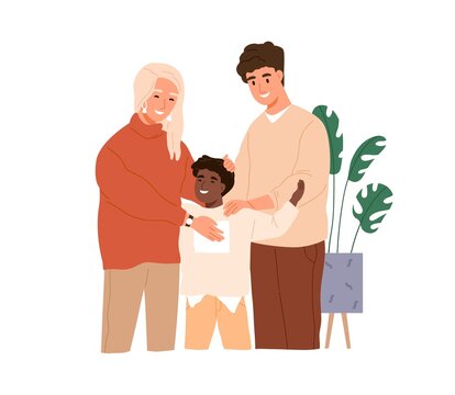 Happy Adopted Kid Son In Foster Family With Mother And Father. Boy And Parents Of Different Race. Wife, Husband And Adoptive Black Child. Flat Vector Illustration Isolated On White Background