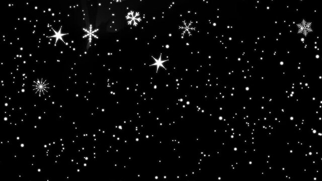 Rieselnder Schnee, Schneekristalle formen einen strahlenden Weihnachtsbaum (Tannenbaum, Lichterbaum) SW mit goldenem Kristall auf der Tannenspitze. Dekorative Hintergrund Animation