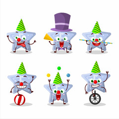 Cartoon character of star blue gummy candy E with various circus shows