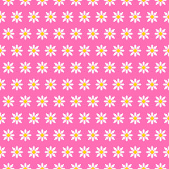 colorful simple vector pixel art seamless pattern of cartoon white chamomile flower on pink background