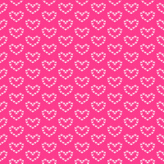 colorful simple vector pixel art seamless pattern of cartoon cute white heart shape made of hearts on pink background