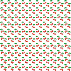 colorful simple vector pixel art seamless pattern of cartoon pair of red cherries on a twig with green leaf on white background